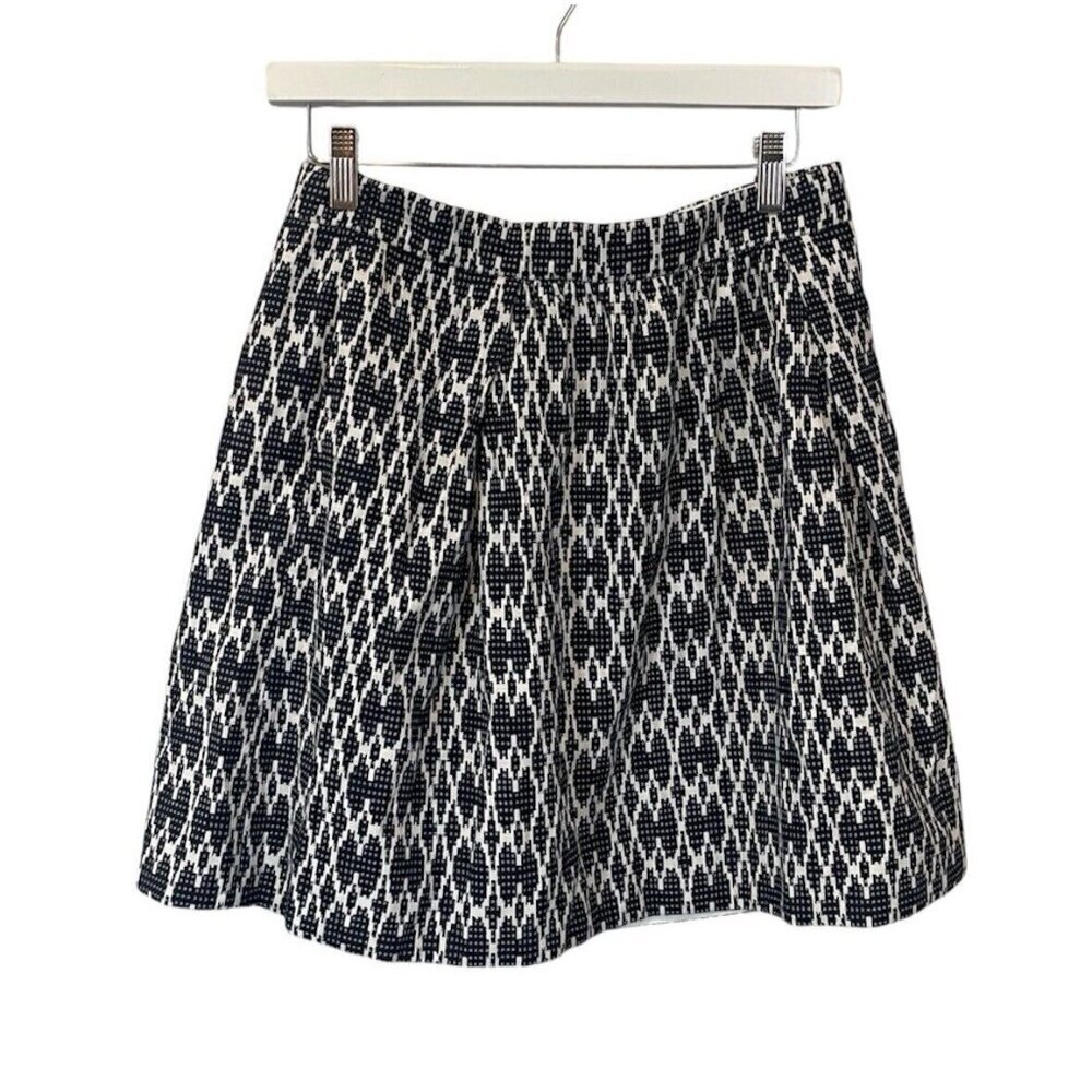 J Crew Skirt Size 6 Blue White Geo Patterned A-Line Pleated Rear Zip Jacquard